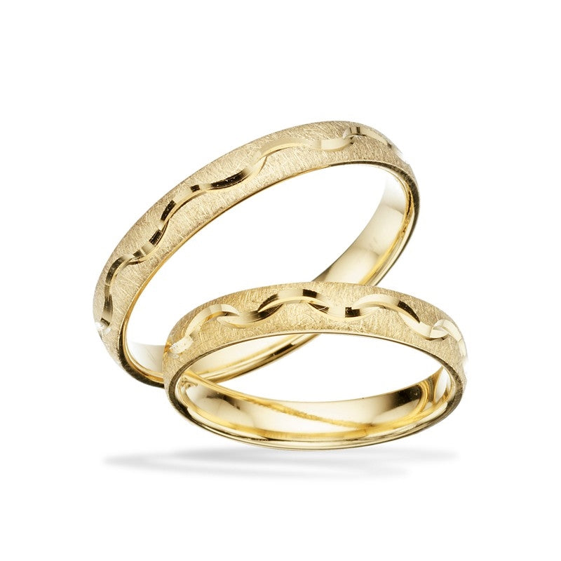 Stilfulde Scrouples vielsesringe i 8 eller 14 karat guld med rustik overflade og snoet mønster, 3,5 mm.